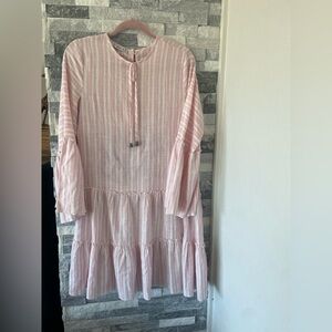 Women’s TAVIN Tiered Striped Mini Dress-Flounce Sleeves-Pink & White-Sz US 8